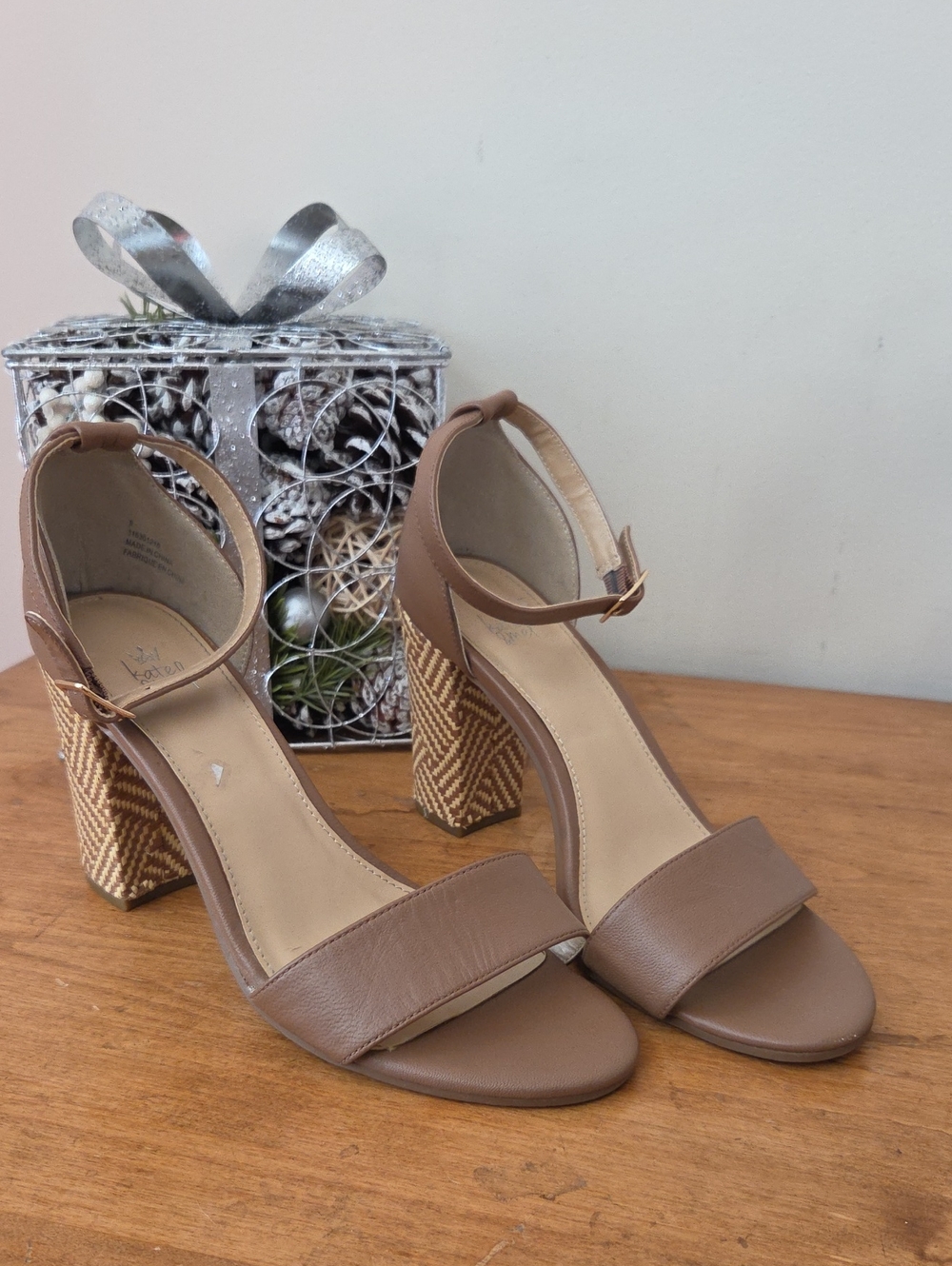 Women’s Tan Ankle-Strap Block Heel Sandals with Woven Accent